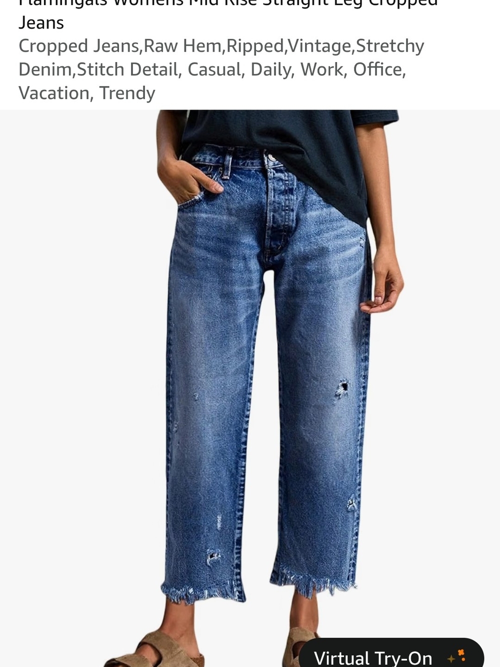 Distressed Mid-Rise Straight Leg Cropped Jeans - Blue